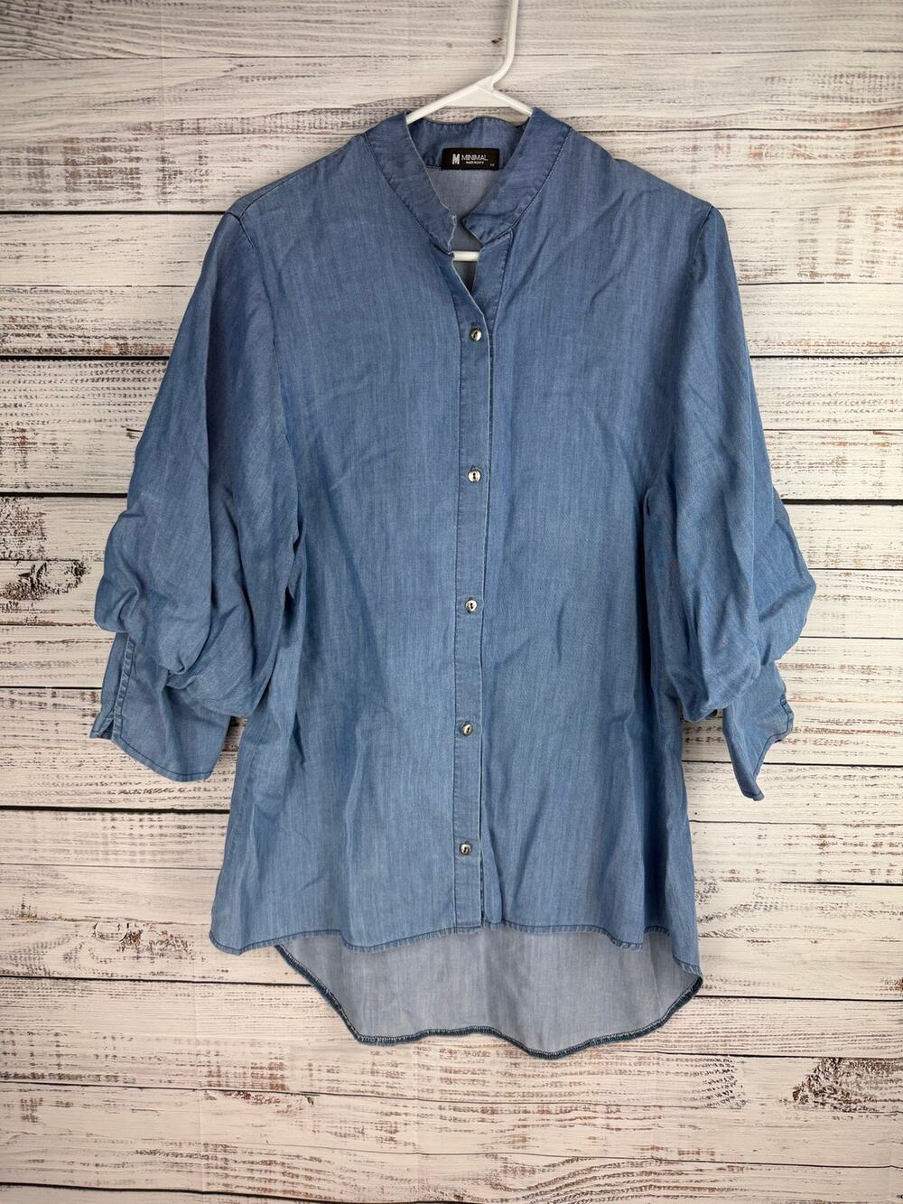 Minimal Blue Chambray Button Down Top Medium Balloon Sleeves Boho Coastal Career